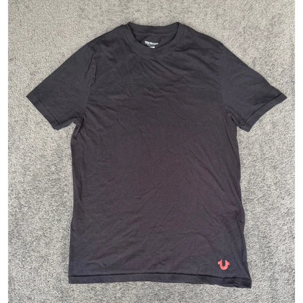 True Religion Mens Black Cotton Short Sleeve Horseshoe Logo T-Shirt Medium 3635